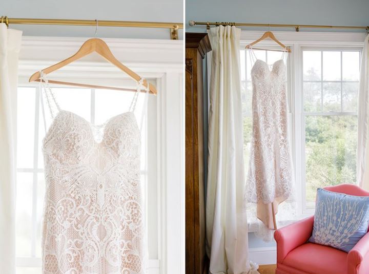 2 images of white wedding dress hanging in window