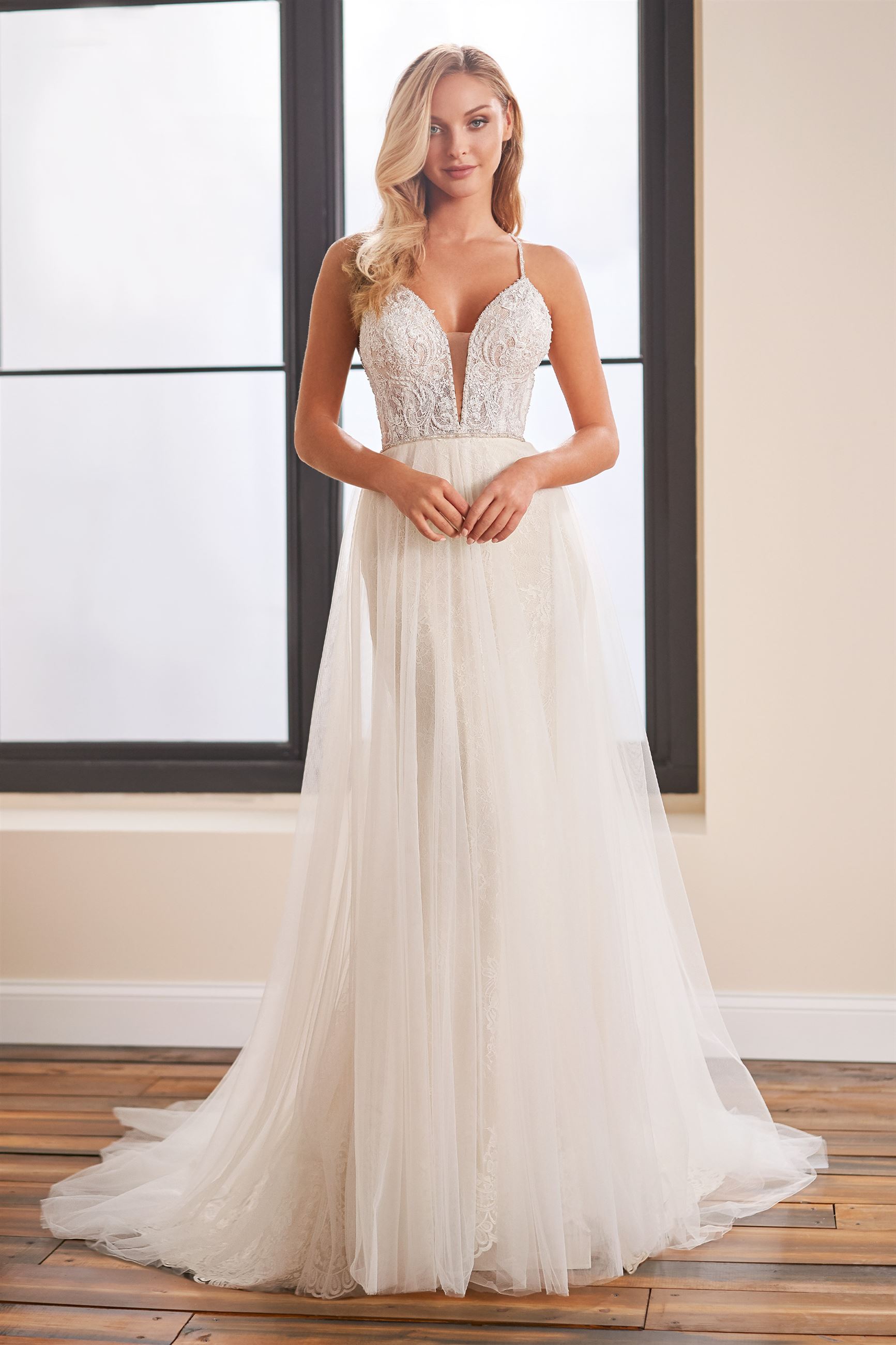 A-line wedding dress with flowing tulle skirt and lace bodice Style No. 221161 $1 autoplay loop mute thumbnail