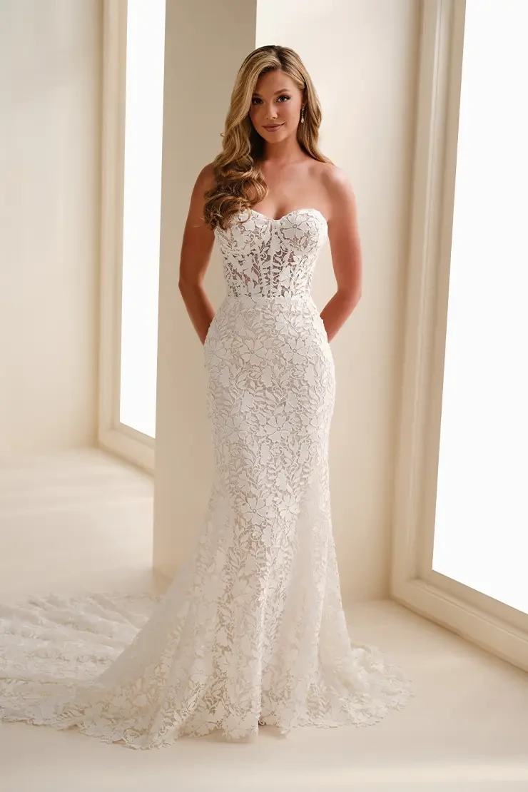 Strapless Lace Fit & Flare Wedding Dress Style No. E621 $1 autoplay loop mute thumbnail