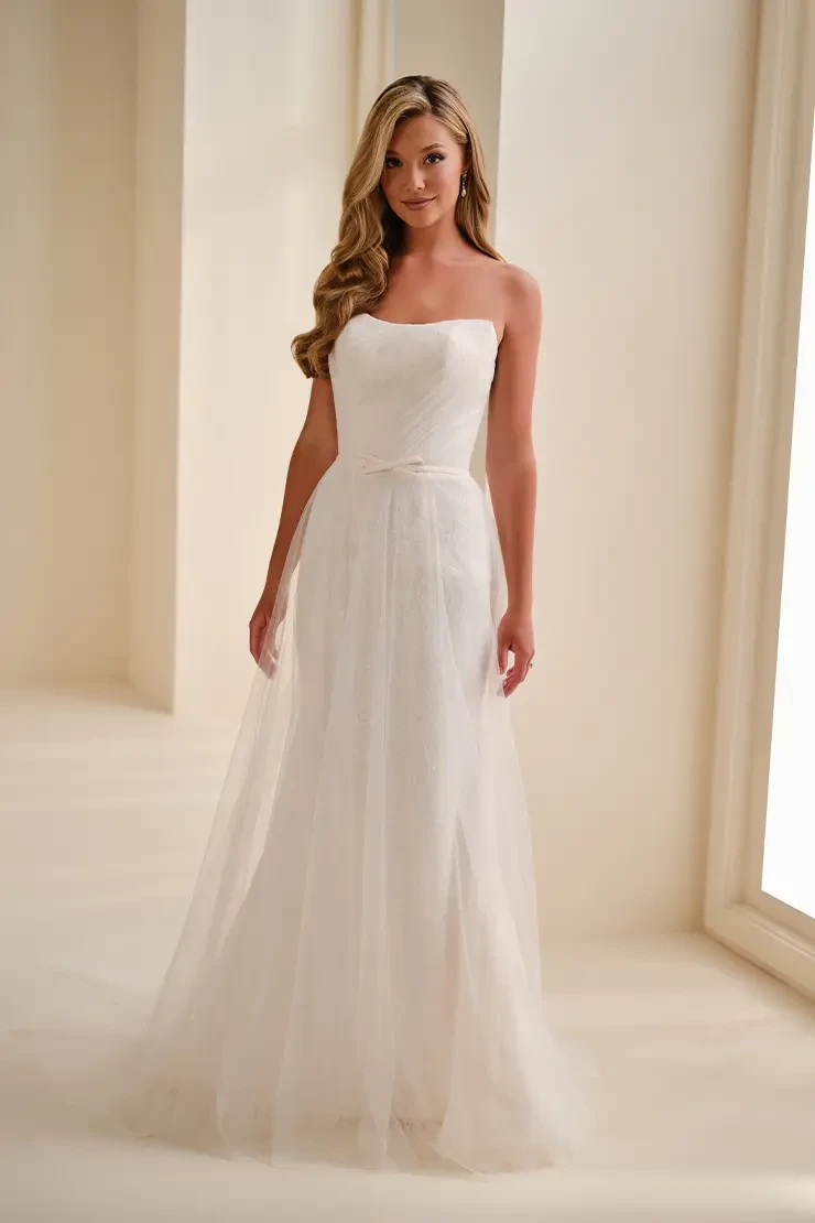 Strapless Fit & Flare Wedding Dress w/ Glitter Tulle Overskirt Style No. E623 $1 autoplay loop mute thumbnail