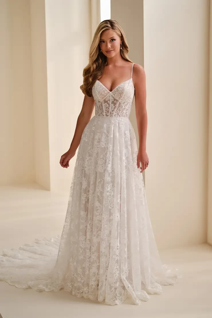 A-Line Wedding Dress w/ Semi-Sheer Corset Bodice Style No. E624 $1 autoplay loop mute thumbnail