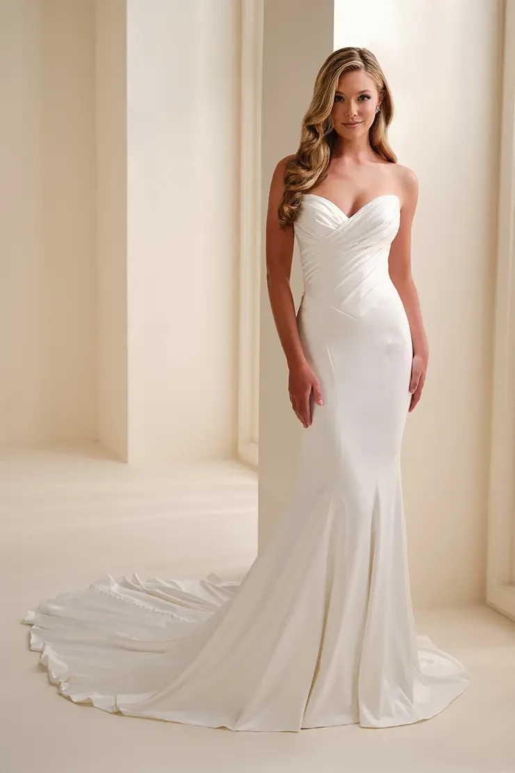 Strapless Satin Mermaid Dress w/ Semi-Sheer Lace Back Style No. E625 $1 autoplay loop mute thumbnail