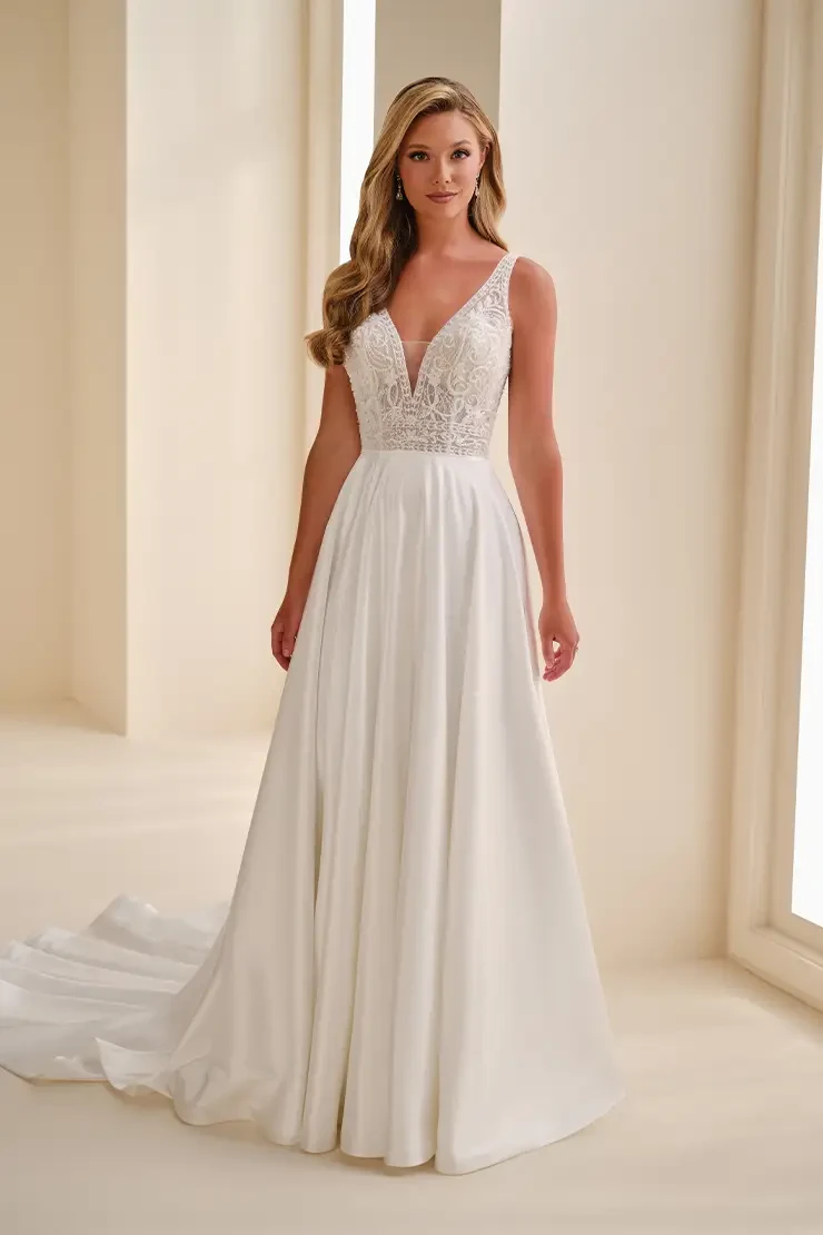 Satin Skirt Wedding Dress w/ Beaded Bodice Style No. E626 $1 autoplay loop mute thumbnail