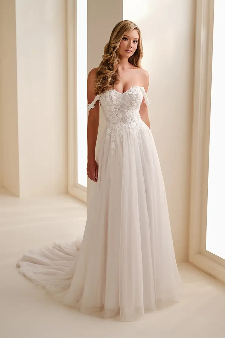 A-Line Wedding Dress w/ Floral Draped Straps Style No. E628 $1 autoplay loop mute thumbnail