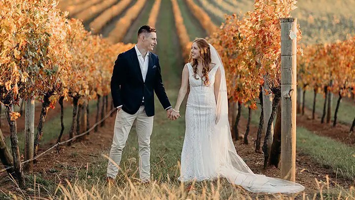 Vineyard Wedding In Autumn Wearing Enchanting by Mon Cheri Mobile Image