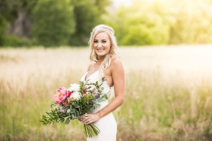 Stunning Summer Bride In Enchanting by Mon Cheri Lace Spaghetti Strap Gown