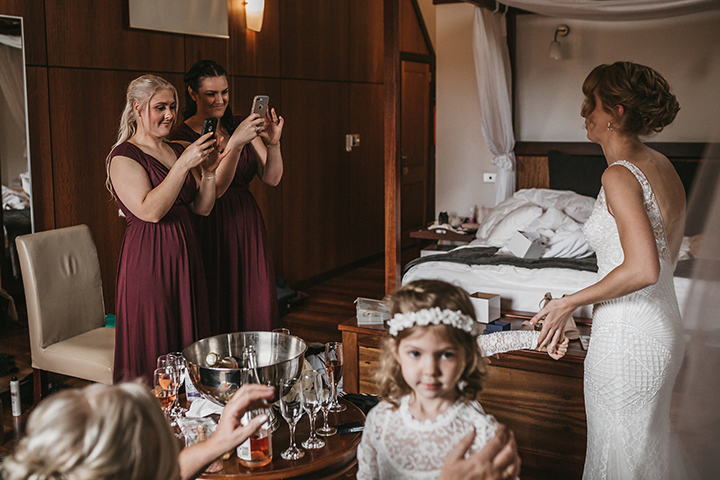 Winter Bride Wears Beaded Lace & Tulle Sheath In Diamond White