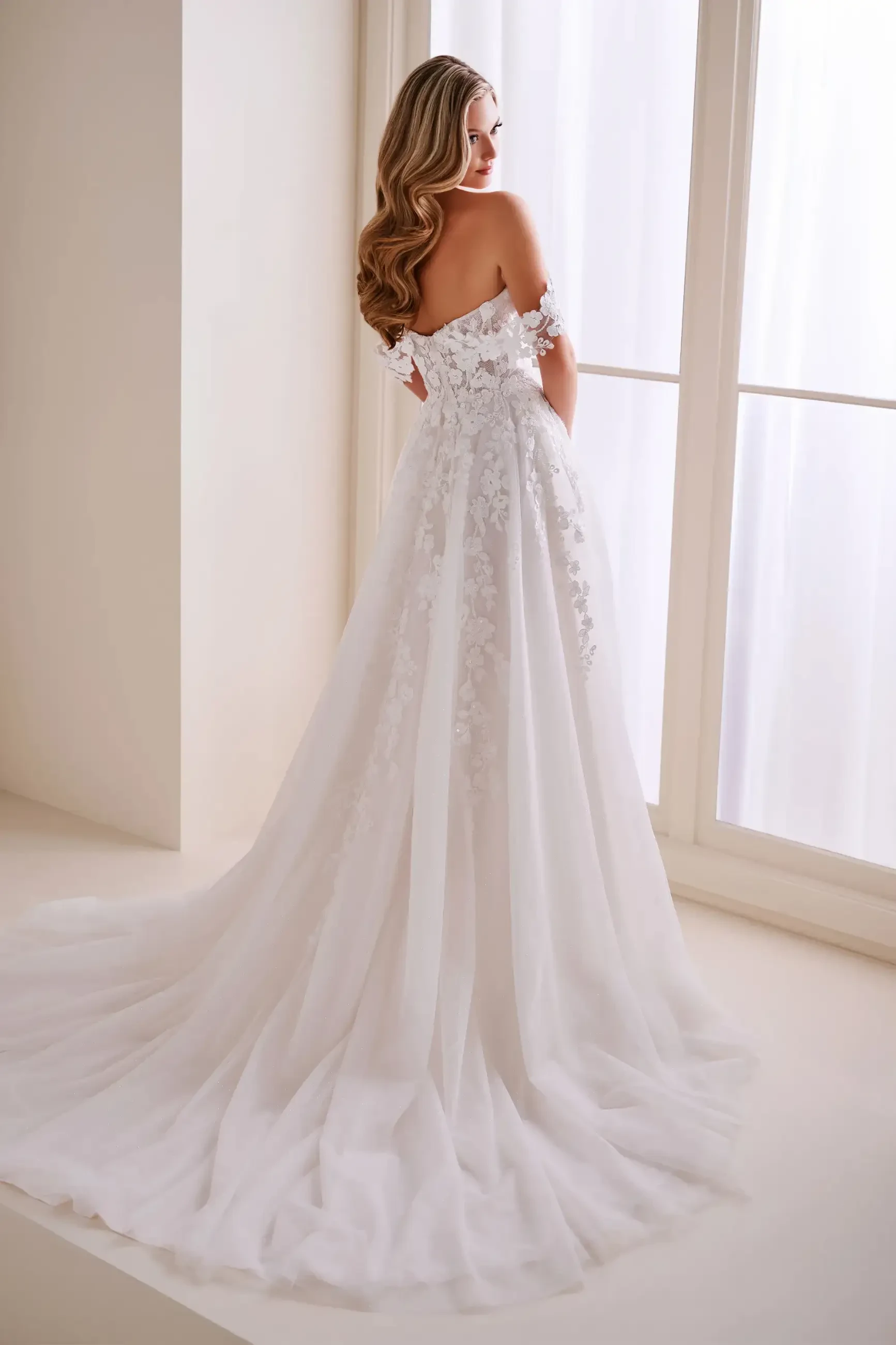 Model is wearing an a-line glitter tulle sweetheart neckline wedding dress