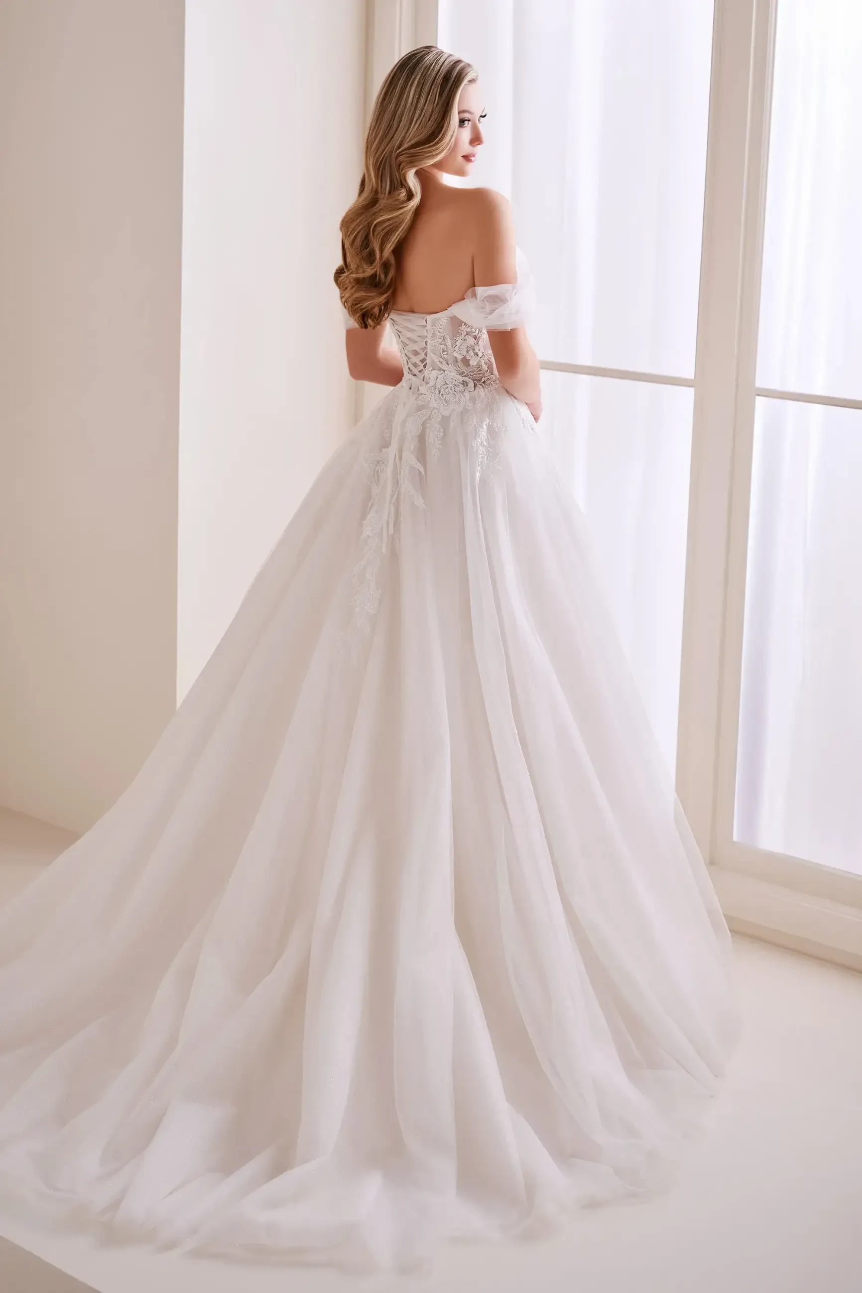 Model is wearing a glitter tulle ball gown with lace appliqués, a sweetheart neckline, lace-up corset back, and detachable lace straps.