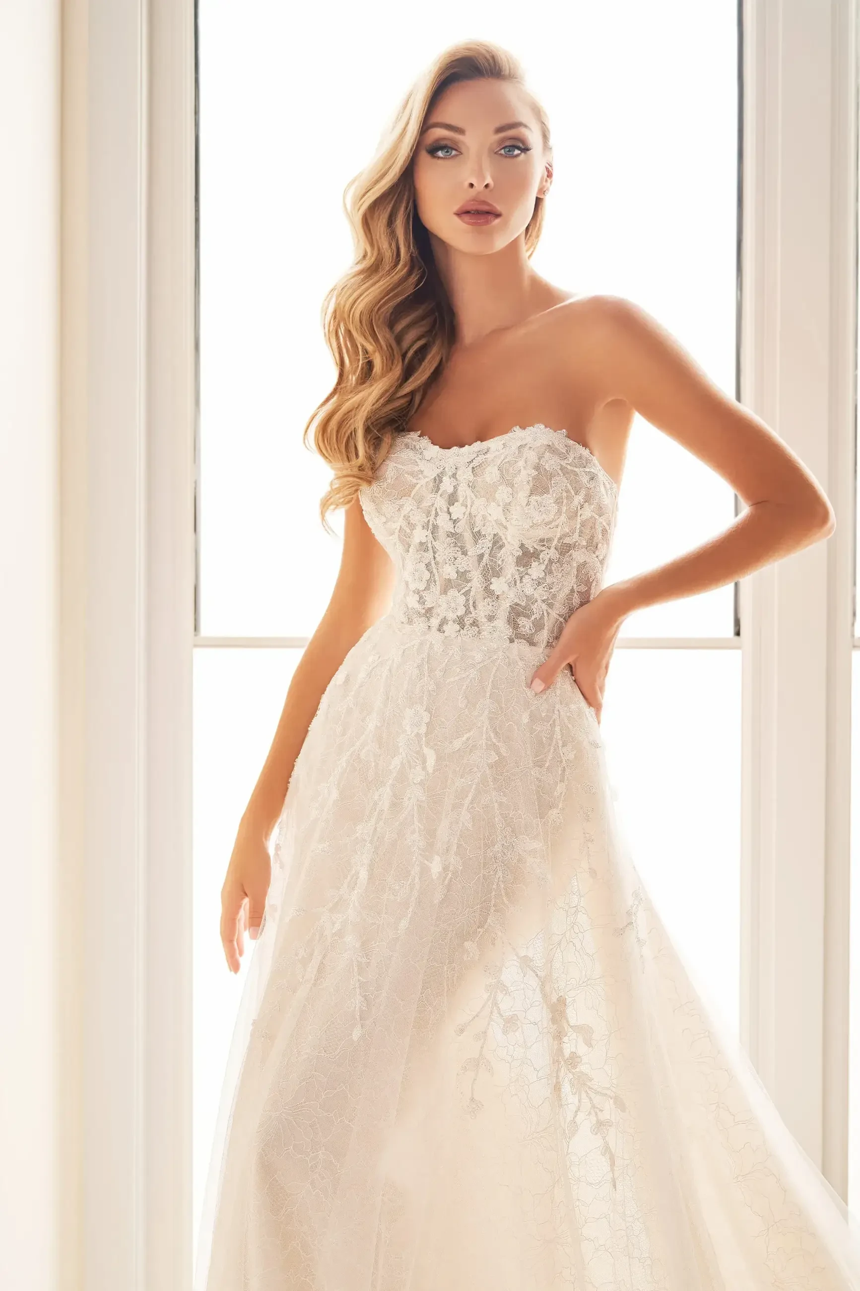 A woman wearing a strapless wedding dress with intricate lace details, standing in front of a bright window.