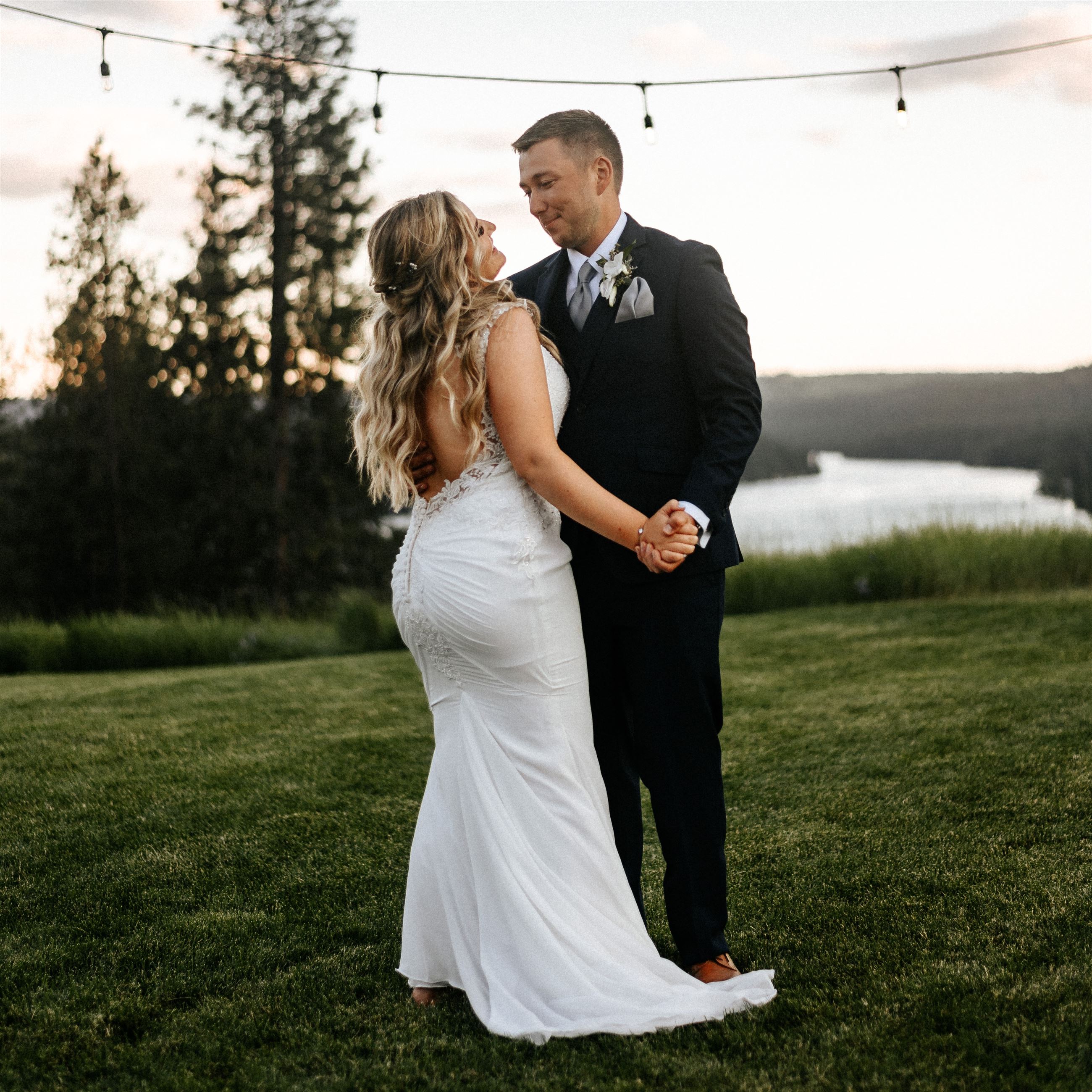 Bride and groom dancing together