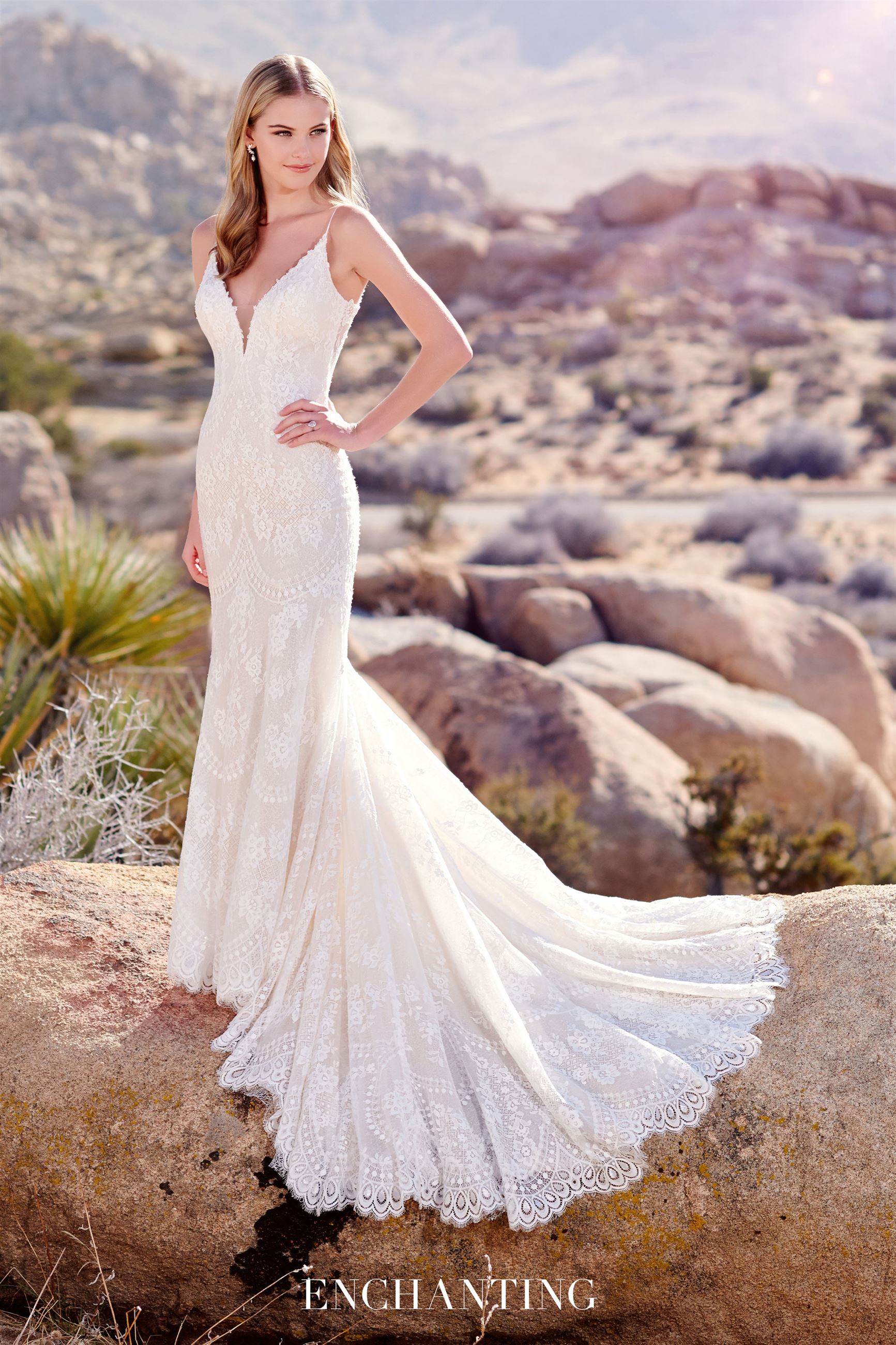 Bride wearing fit and flare lace wedding dress